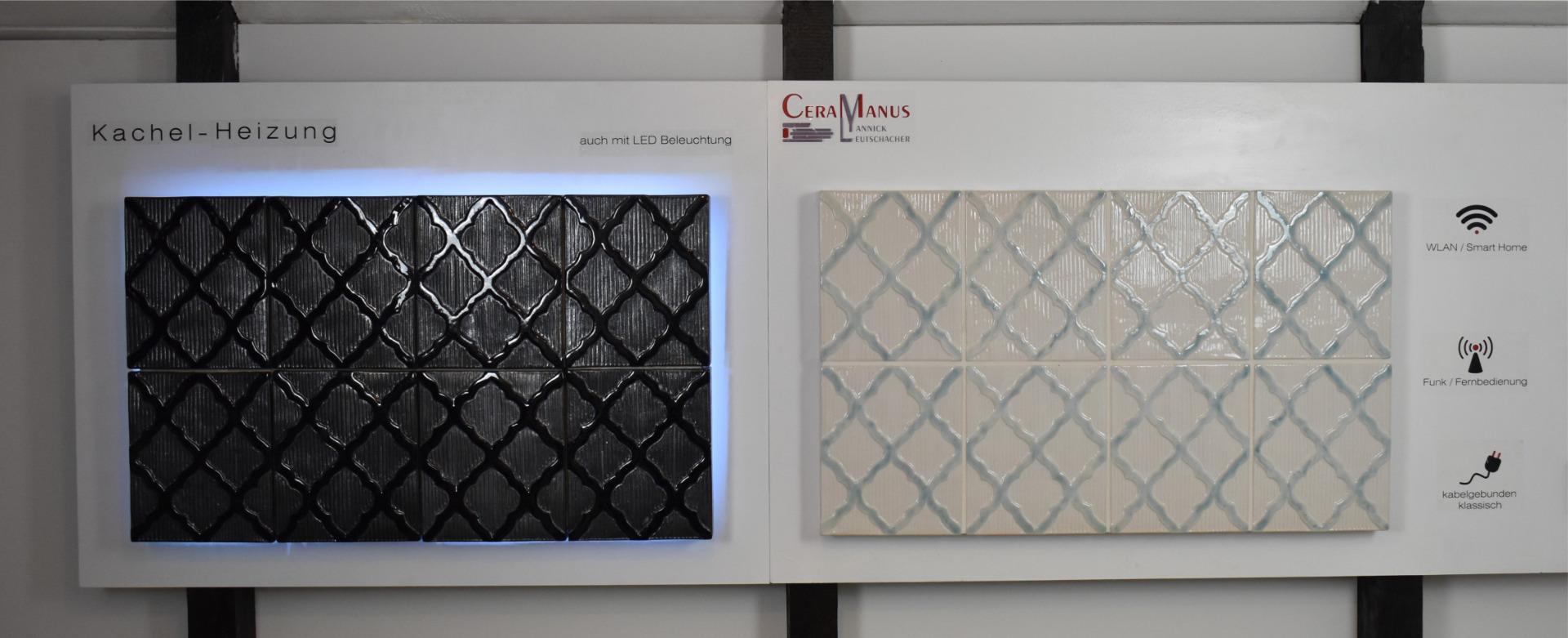 Ausstellung Leutschacher Manufaktur für Keramik mit Musterheizungen in schwarz und weiß